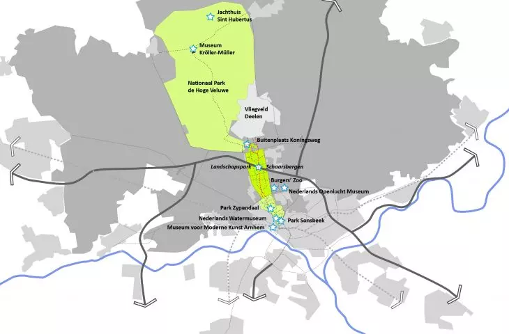 Map showing De Hoge Veluwe National Park and surrounding landmarks with green zones and points of interest