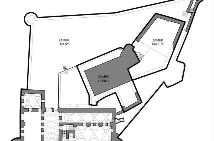 Schemat struktury ruin Zamku Świny (poziom 0)