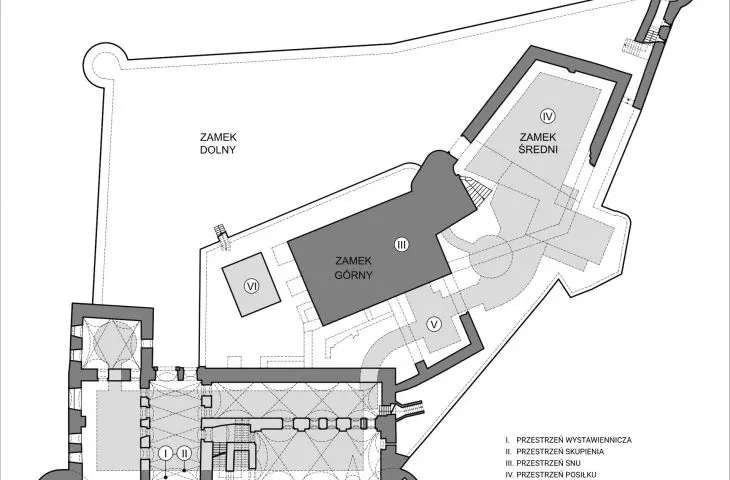 Schemat układu projektowanych przestrzeni w obrębie struktury ruin Zamku Świny (poziom 0)