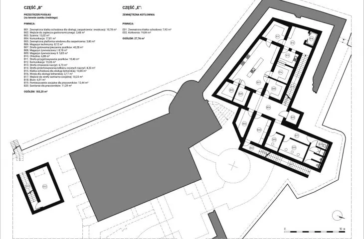 Część B - przestrzeń posiłku i Część E - zewnętrzna kotłownia (poziom 0)