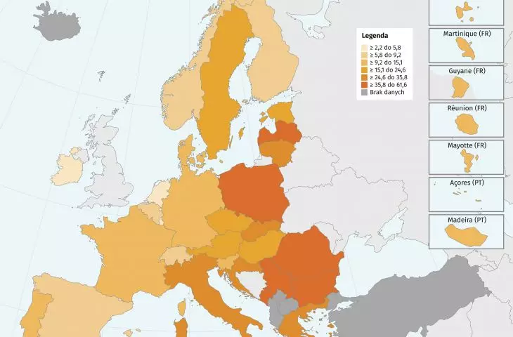 wskaźnik przeludnienia według wieku, płci i statusu ubóstwa — populacja ogółem, dane Eurostat 2022 Leaflet | Administrative boundaries