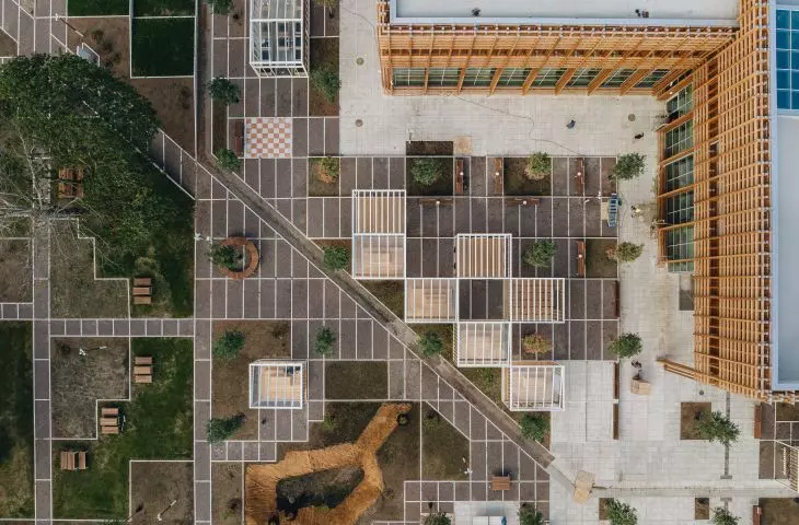 A bird's eye view of the minimalist plaza at Pelgulinna State Secondary School 