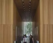 Modern lobby with wooden panels and ceiling lighting and glass balustrade