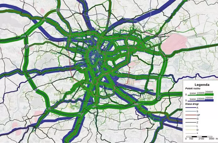 wynik symulacji w modelu transportowym uwzględniający potoki pasażerskie [pas./h], według Krakowskiego Modelu Ruchu