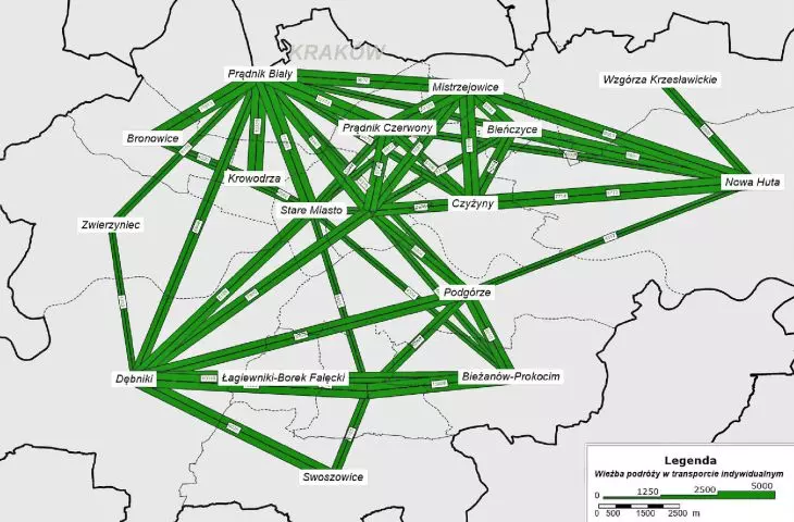 A traffic grid showing from where and to where the residents of Krakow are moving [os/d], according to the Krakow Traffic Model