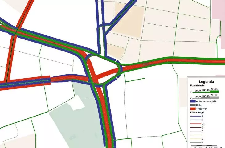 wynik symulacji w modelu transportowym w rozbiciu na poszczególne środki przewozowe [pas/d], według Krakowskiego Modelu Ruchu