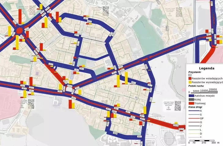 Load on individual streetcar and bus stops [lane/d], according to the Krakow Traffic Model