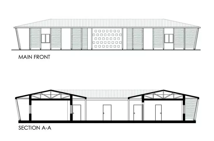 Rysunki architektoniczne przedstawiające główną elewację frontową i przekrój budynku dla dziewcząt