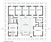 Floor plan of girls' building with bedrooms, dining room, kitchen, main room, courtyard, porches, toilet and WC