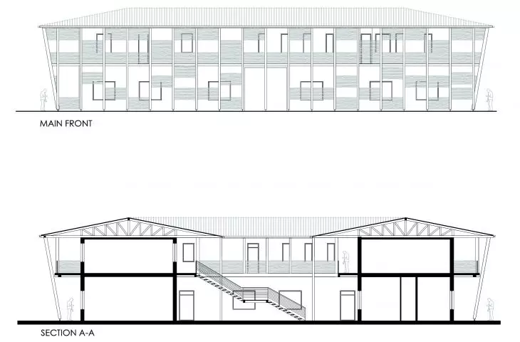 Rysunek architektoniczny głównego, dwupiętrowego budynku: elewacja frontowa i widok przekroju