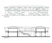 Architectural drawing of the main two-story building: front elevation and section view
