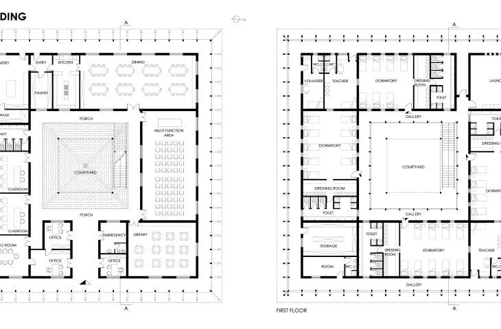 Floor plan of the main building with labeled rooms surrounding central courtyards on each floor