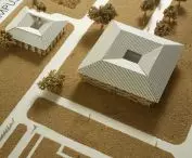 Architectural model showing two large campus buildings