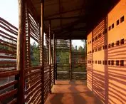 A sweeping arcade of wooden slats overlooking the garden