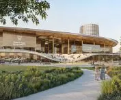 A T-shaped promenade connects the arena, warm-up and practice courts with a central 'sweet spot' plaza