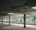 Large empty room with concrete pillars and windows showing the greenery outside