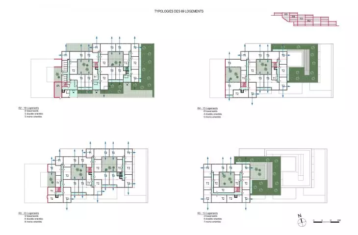 Plany architektoniczne pięter budynku wraz z przekrojem