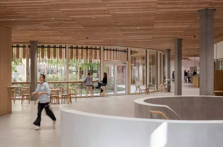 Modern, open interior space with wooden ceilings, large windows and minimalist furniture