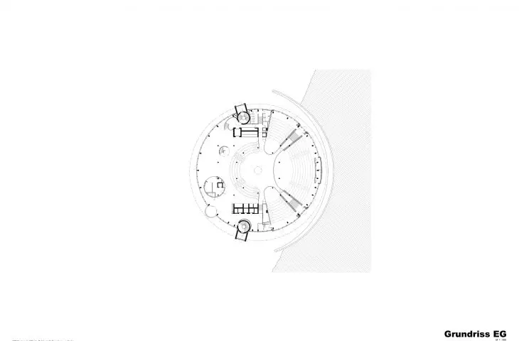 Floor plan of a circular building with semi-circular seating areas and various enclosed spaces