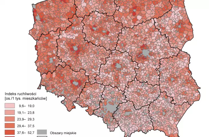 Indeks ruchliwości na obszarach wiejskich w Polsce w	2019 r.