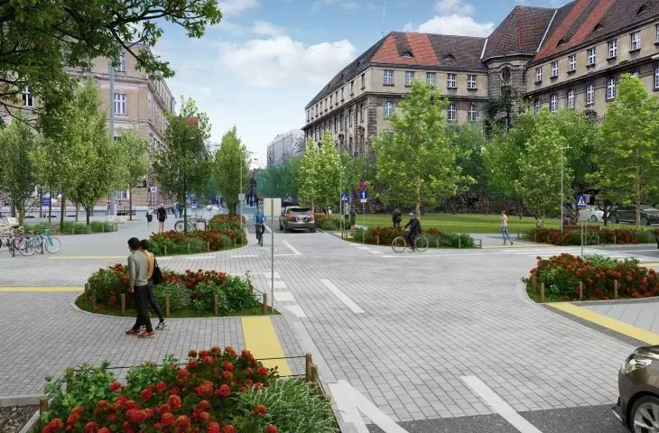 The intersection of Taczak, Kosciuszko and Taylor streets in Poznan,