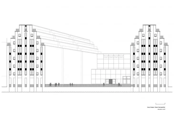 Rysunek elewacji architektonicznej budynku z wieżami w stylu Art Deco i nowoczesną częścią centralną