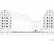 Drawing of the architectural facade of the building with Art Deco style towers and a modern central section