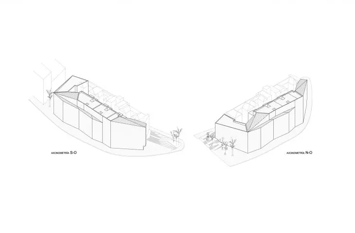Dwa aksonometryczne rysunki architektoniczne budynku z różnych perspektyw