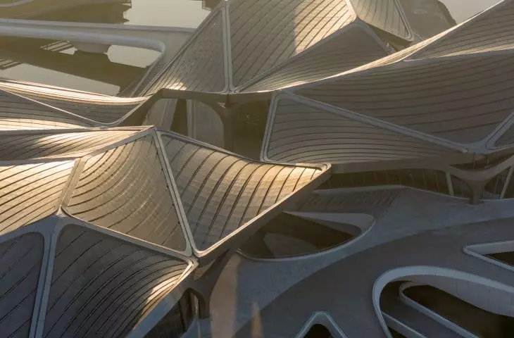 The roofs of the buildings of the Zhuhai Art Center follow the wing pattern of migrating birds