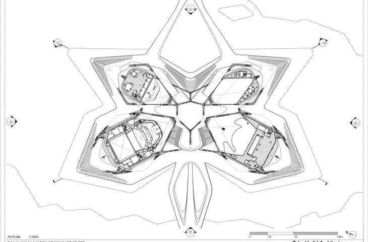 The Zhuhai Art Center features a symmetrical layout that resembles the spread wings of a butterfly