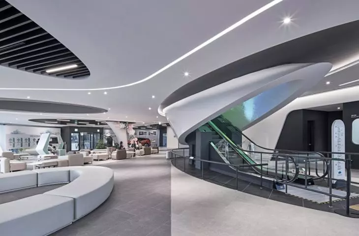 Museum of Robotics and Artificial Intelligence (RAIM) in Seoul - the centerpiece of the building is a vertical tunnel with escalators, leading visitors to the upper floors 
