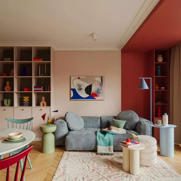 The apartment is inspired by the films of Wes Anderson.