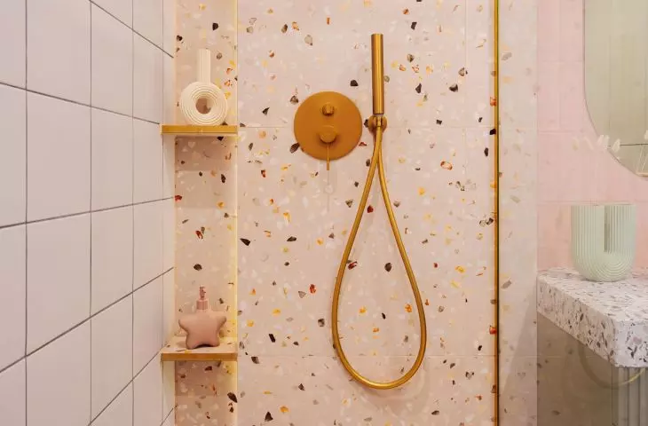 Patterned tiles were also used in the shower area