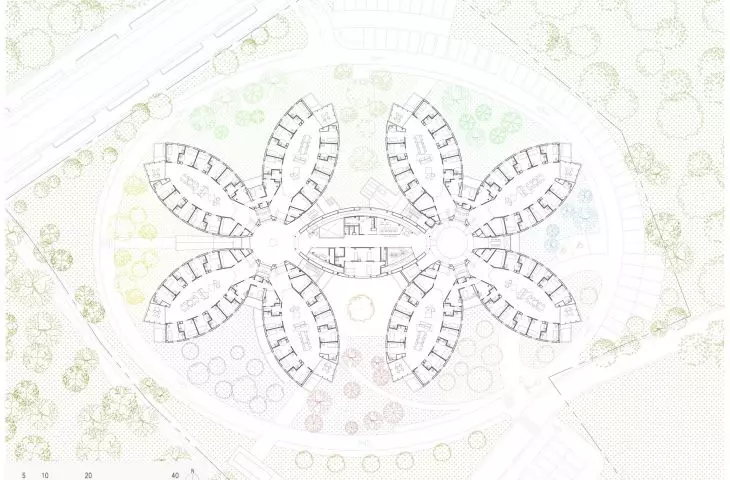 Plan piętra z centralnym okrągłym rdzeniem i sześcioma rozchodzącymi się promieniście segmentami przypominającymi płatki kwiatów