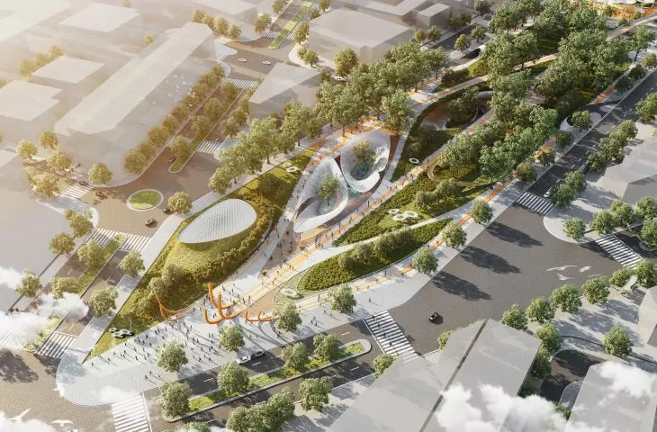  Aerial view of modern city park with paths, greenery , surrounded by city buildings
