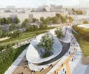 Widok z lotu ptaka na nowoczesny park z białymi konstrukcjami, zielenią i ścieżkami
