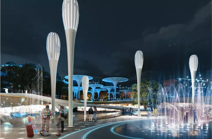 Nowoczesny park nocą z nowoczesnymi, podświetlanymi konstrukcjami, fontannami, zielenią i ścieżkami