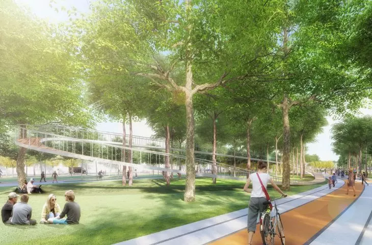 A scene in a park with trees, people and a winding footbridge 