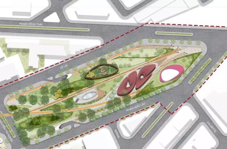 Aerial view of urban landscape plan with roads, green areas and geometric elements