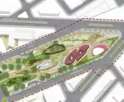 Aerial view of urban landscape plan with roads, green areas and geometric elements
