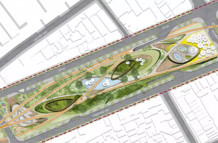 Aerial view of urban landscape plan with roads, green areas and geometric elements