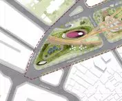 Aerial view of urban landscape plan with roads, green areas and geometric elements