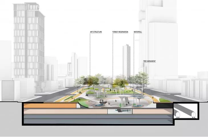 Architectural cross-section of the city park with greenery, paths, structures and underground facilities