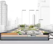 Architectural cross-section of the city park with greenery, paths, structures and underground facilities