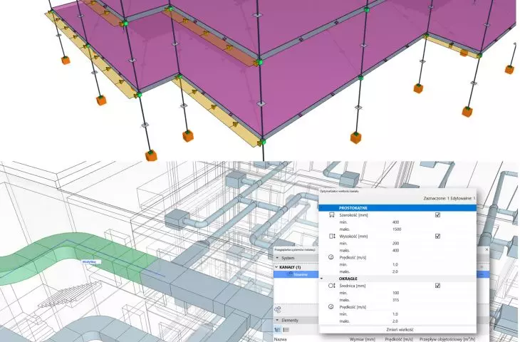 Widok modelu analitycznego konstrukcji i fragment modelu instalacji z obliczeniami prędkości przepływu i optymalizacją wielkości kanałów w programie Archicad 28