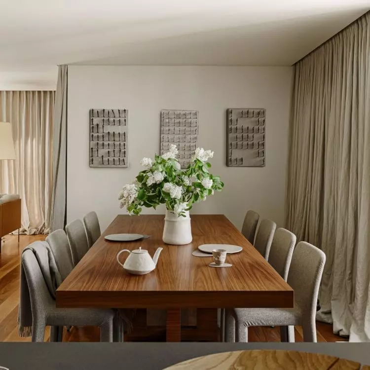 The walls of the dining room are decorated with three intriguing paintings