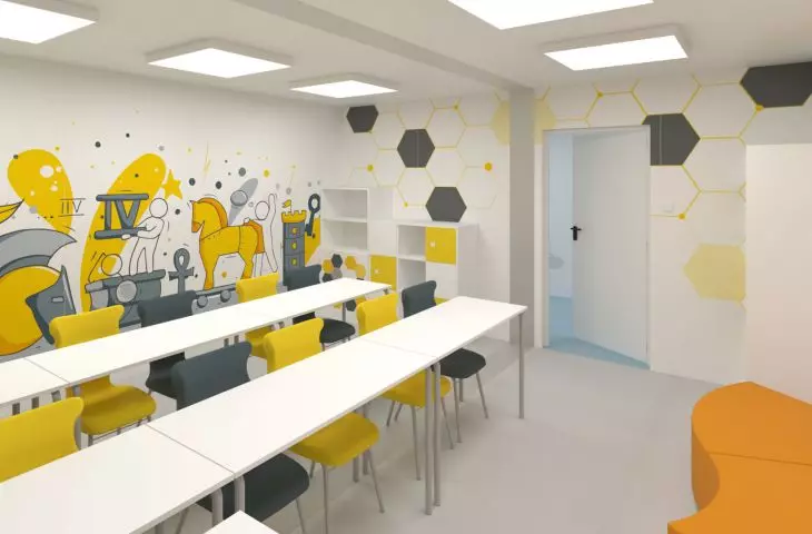 Visualization of one of the rooms in the temporary school in the village of Zelazno in Kotlina Klodzka