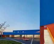 Colorful, modern building with blue and orange walls