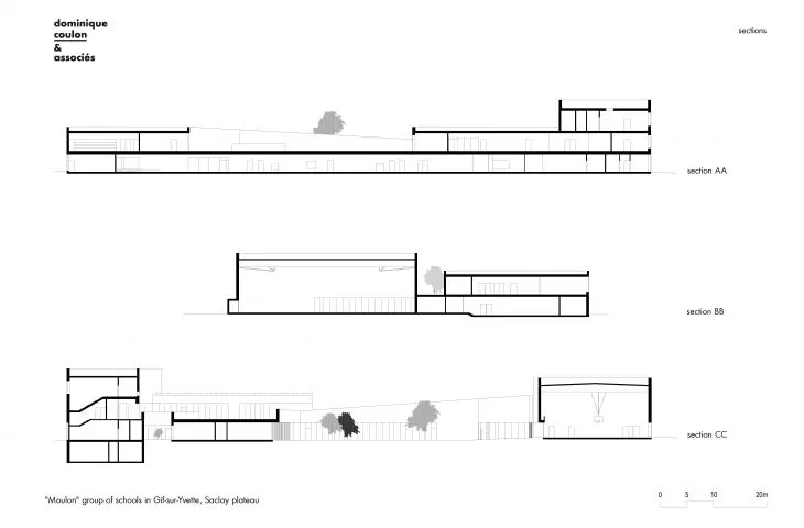Architectural cross-sectional drawings of the Moulon group of schools