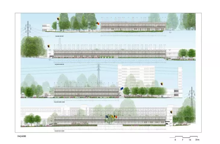 Illustration of four architectural facades with trees, windows and power lines